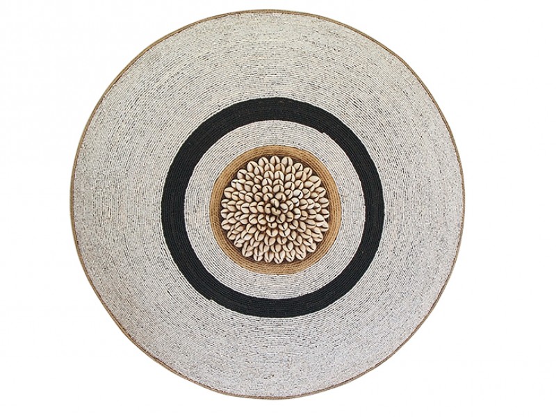Beaded Shield - White With Black Ring and Cowrie Center Beaded Shield - White With Black Ring and Cowrie Center